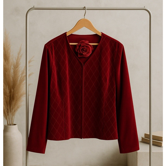 Susan Graver Velvet Quilted Jacket Blazer 3X 3XL Burgundy Crimson Stretch Lined - Picture 1 of 14